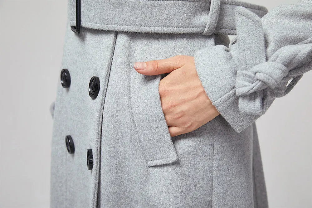 Handmade Gray Wool Trench Coat – Double Breasted Long Winter Overcoat 