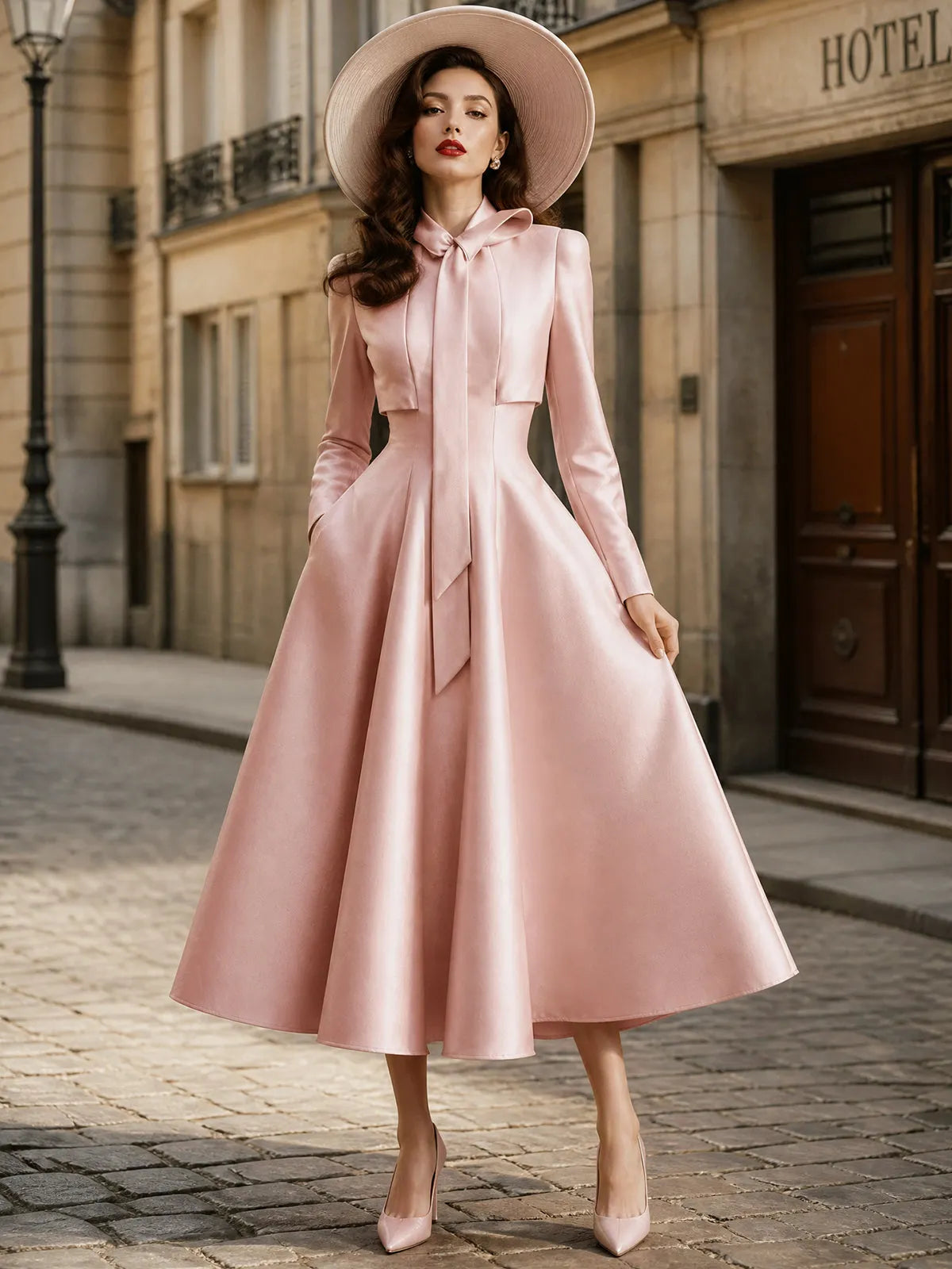 Vintage Pink Bow-Tie Neck Satin A-Line Midi Dress