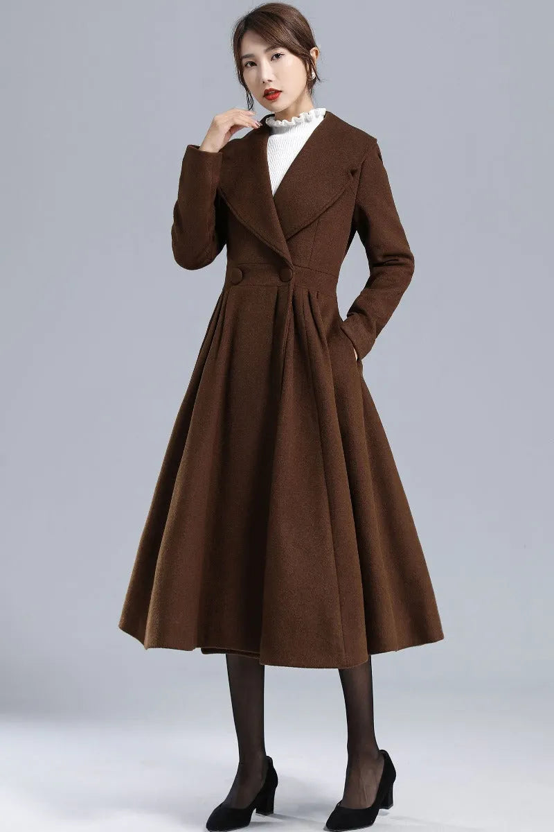 Vintage Princess Wool Coat – Handmade Brown Pleated Long Overcoat 