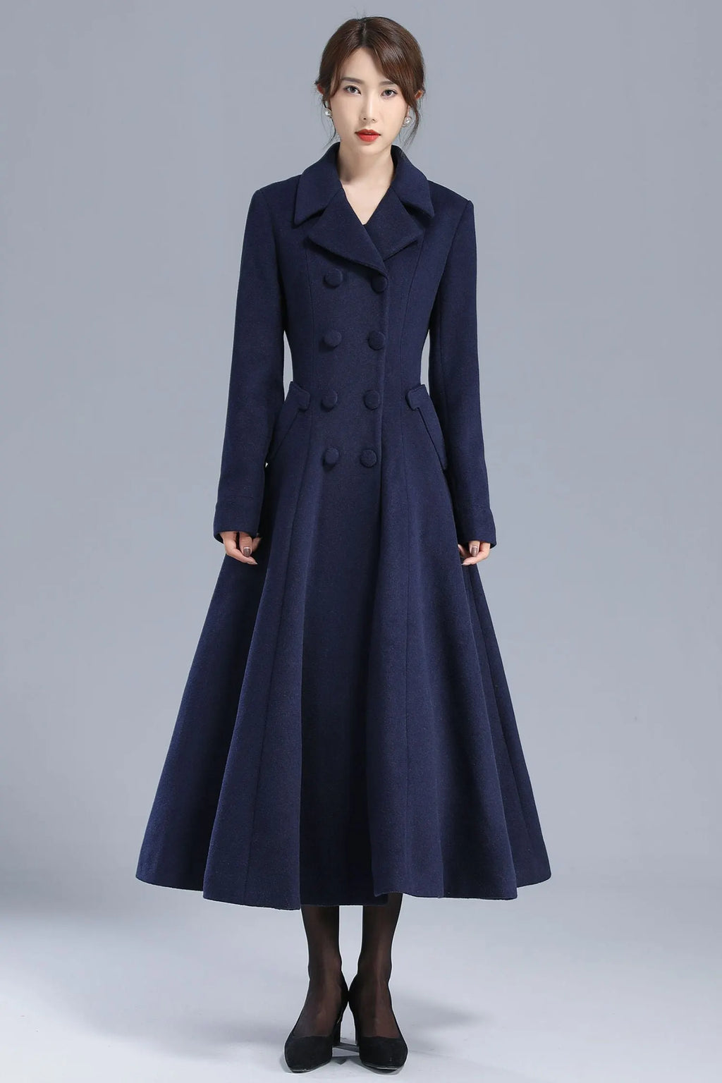 Navy Blue Wool Coat – Elegant Double-Breasted Fit and Flare Long Winter Overcoat 3208