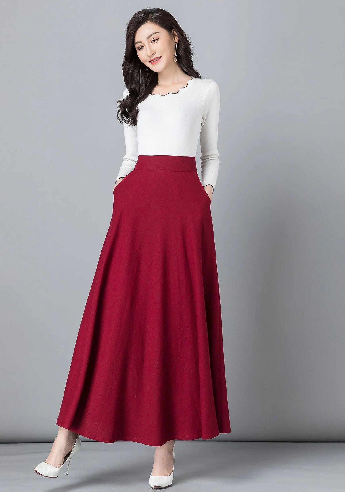 Red Linen Cotton Maxi Skirt - High Waist A-Line with Pockets 2542