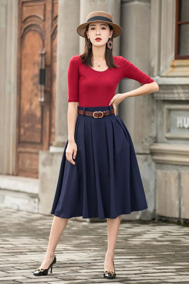 Navy Linen-Cotton A-Line Midi Skirt - Pleated High Waist with Pockets 2776