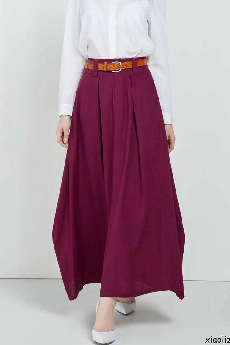 Handmade Linen Maxi Skirt – Wine Red Asymmetrical Long Skirt for Women 