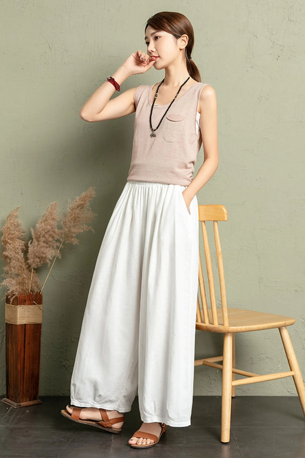 Linen Wide Leg Pants Women - High Waist Elastic 
