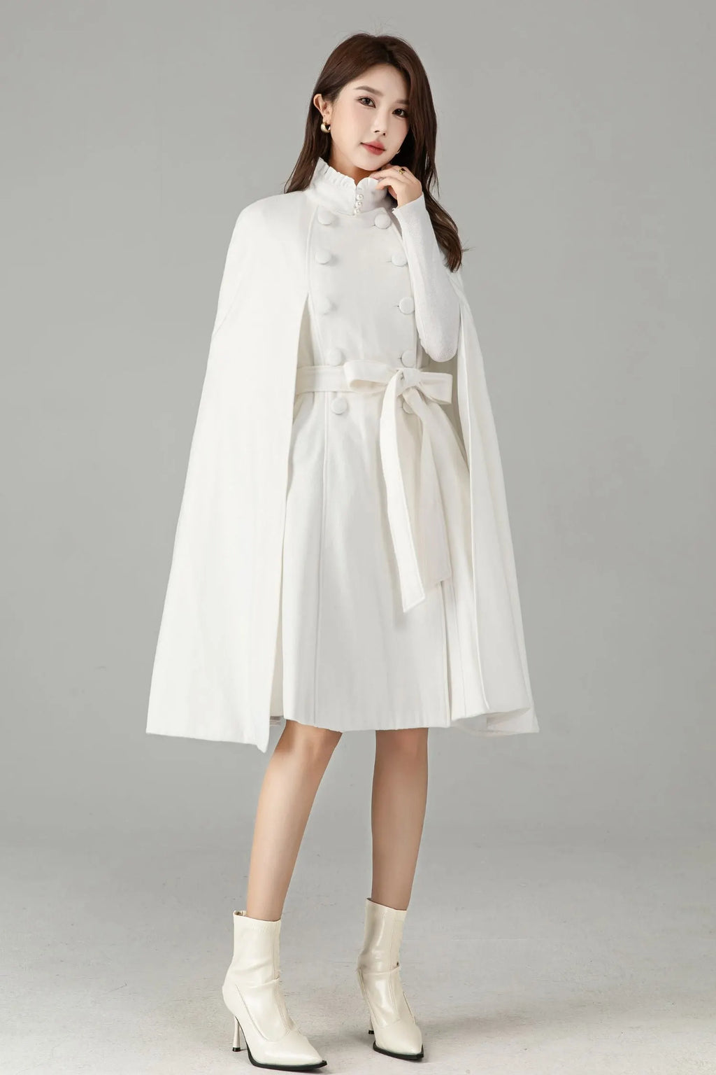 White Wool Cape Coat – Elegant Belted Winter Dress Coat 