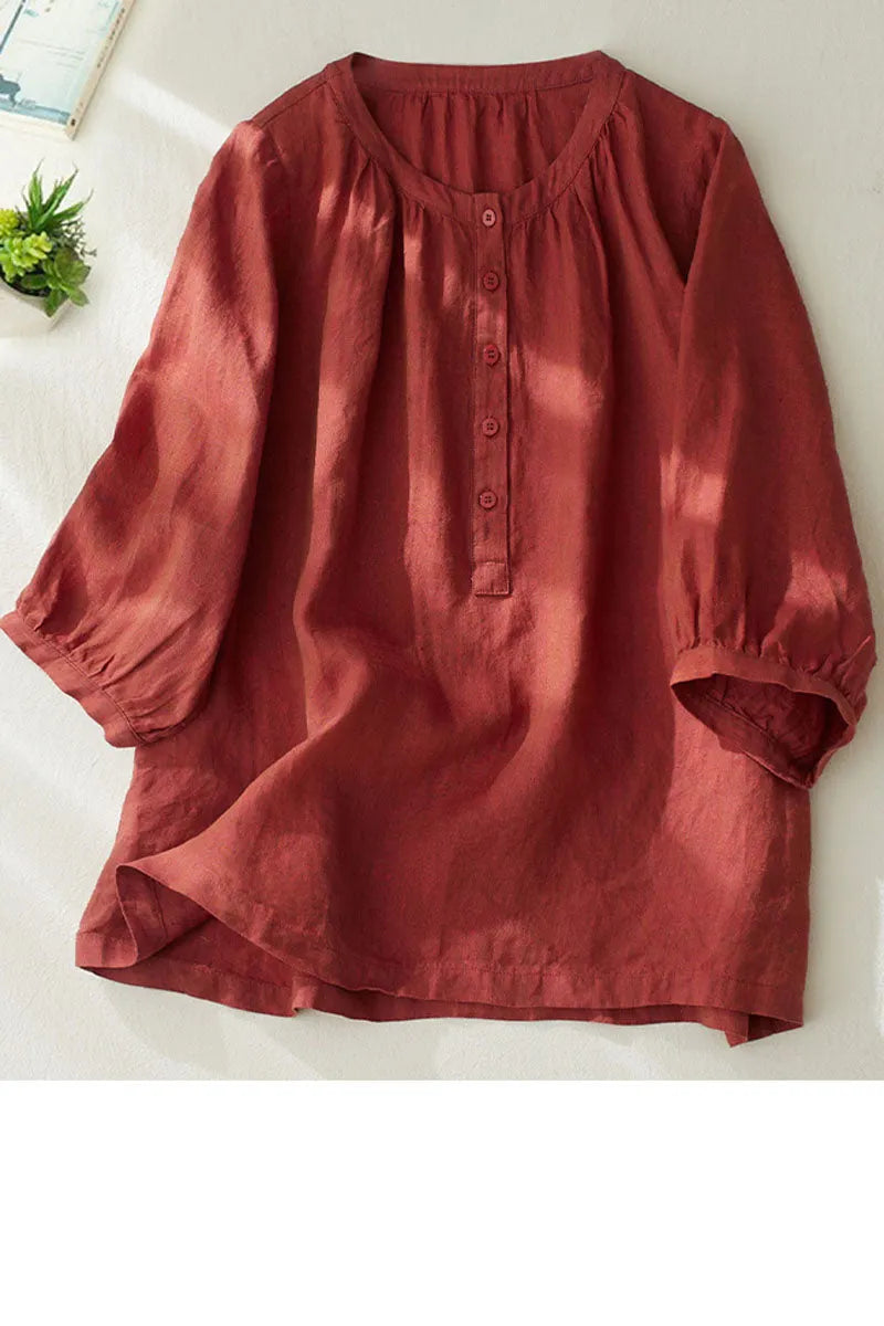 Light Blue Linen Cotton Blouse - Loose Fit Button Closure 4322