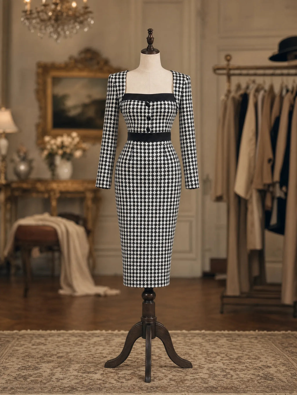 Vintage Houndstooth Tweed Square Neck Long Sleeve Bodycon Midi Dress