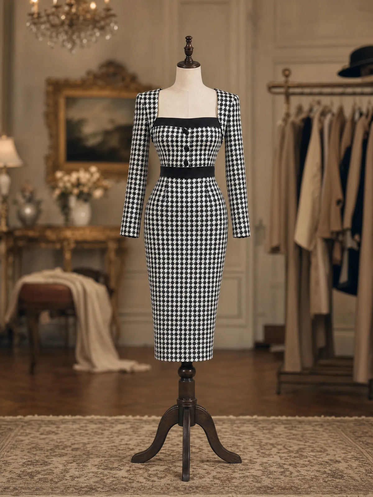 Vintage Houndstooth Tweed Square Neck Long Sleeve Bodycon Midi Dress