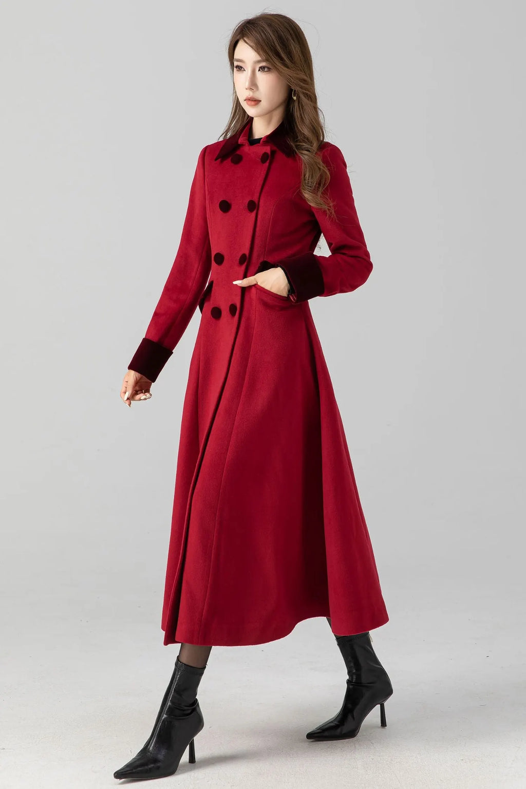 Handmade Vintage Red Wool Coat – A-Line Double Breasted Winter 