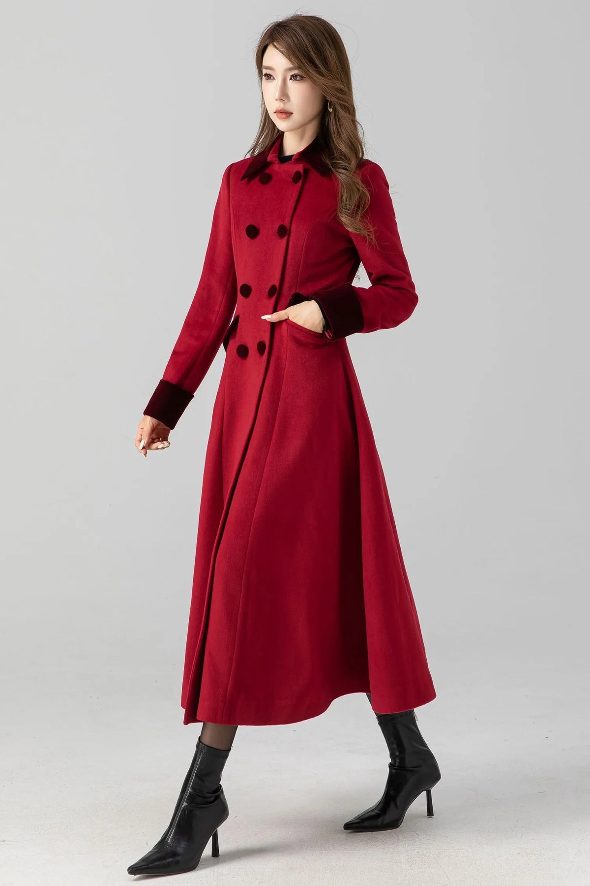 Handmade Vintage Red Wool Coat – A-Line Double Breasted Winter 