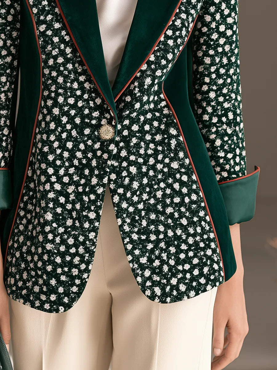 Vintage Velvet Trim Collar Ditsy Floral Print Emerald Green Blazer