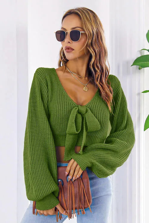 Long Cropped V-Neck Arm Sweater