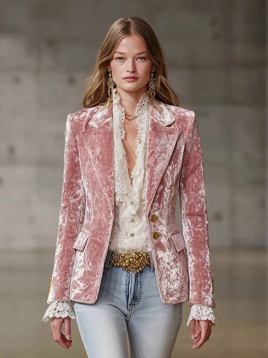 Fashion Retro Pink Velvet Gold Button Blazer