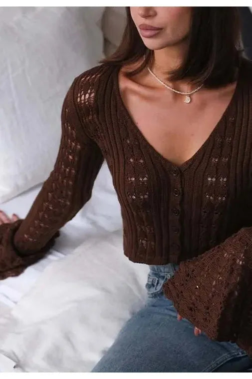 Hollow Out Knit V Neck Long Sleeve Cardigan