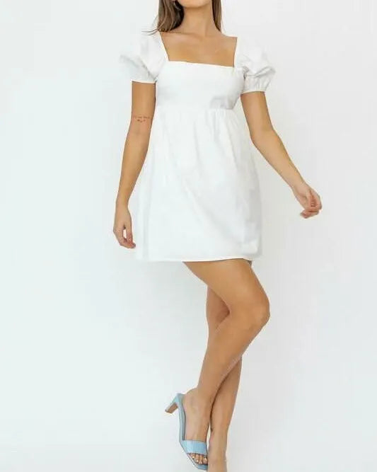 Rosemary White Square Neck Puff Sleeve Babydoll Dress
