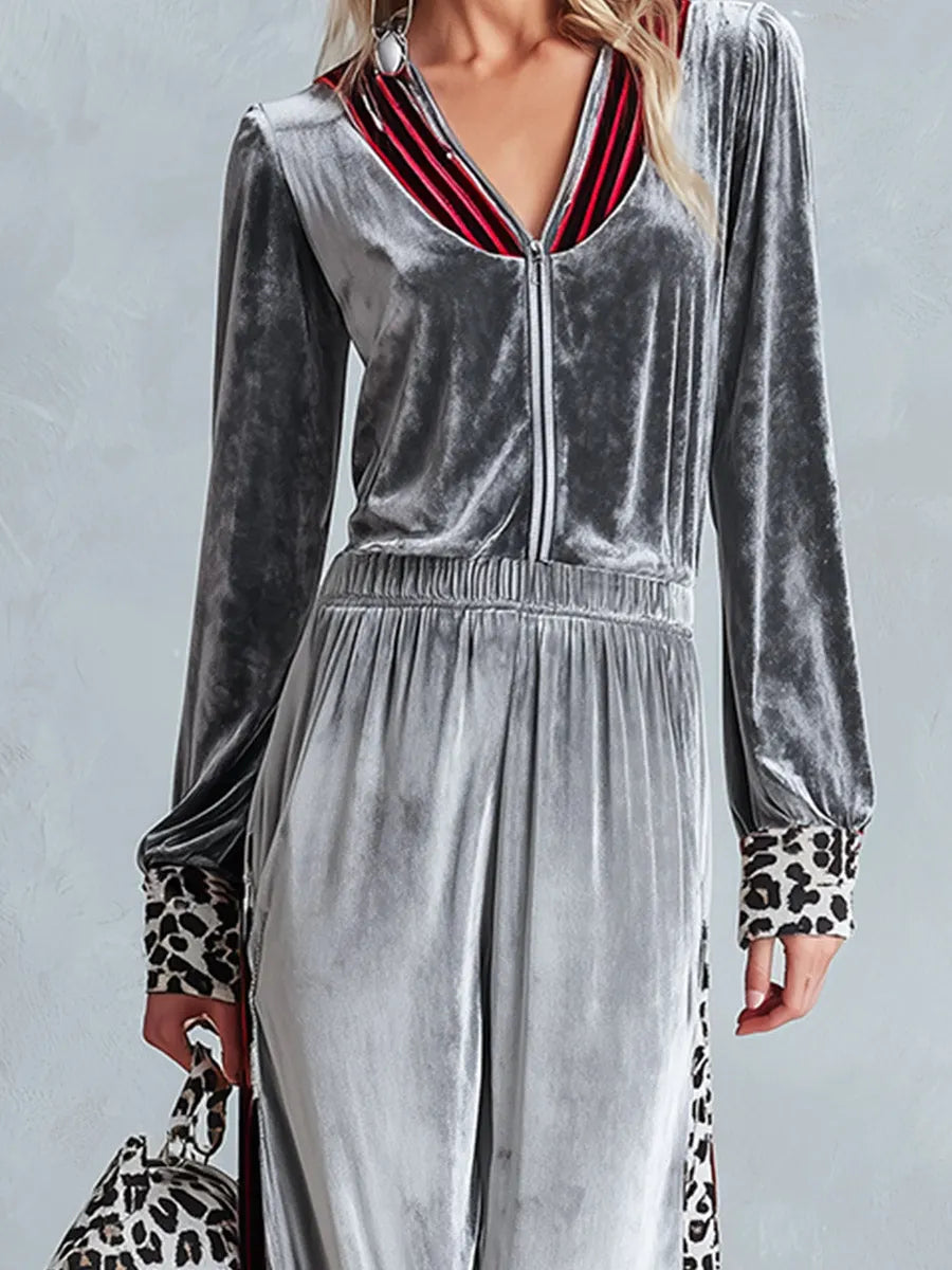 Chic Casual Striped & Leopard-Trimmed Grey Velour Jumpsuit