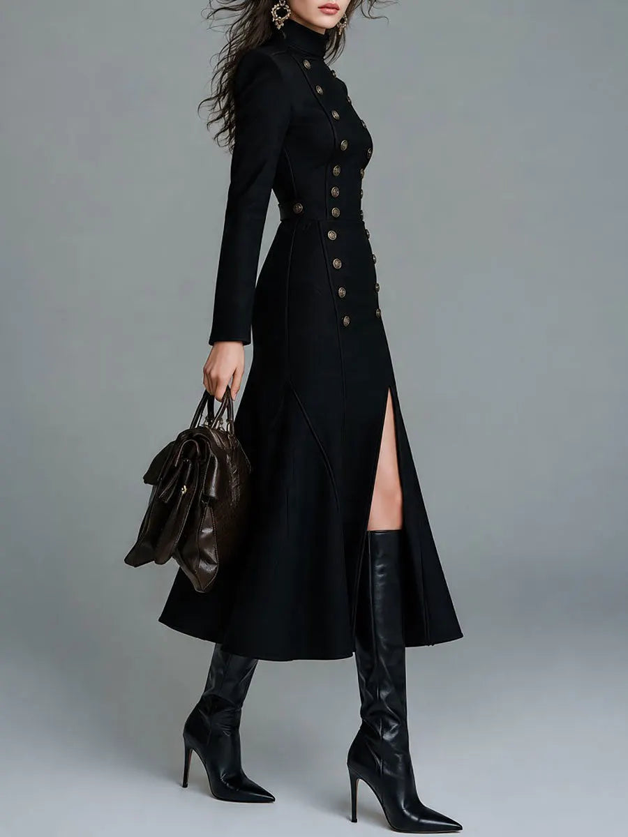Military Style Double-Breasted Button Slit Maxi Dress