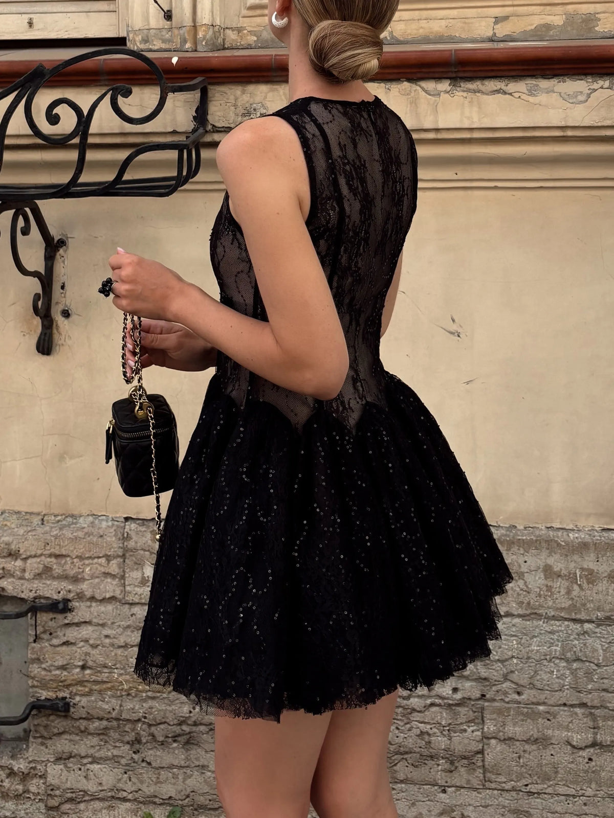 Black Lace Tulle Flared Mini Dress