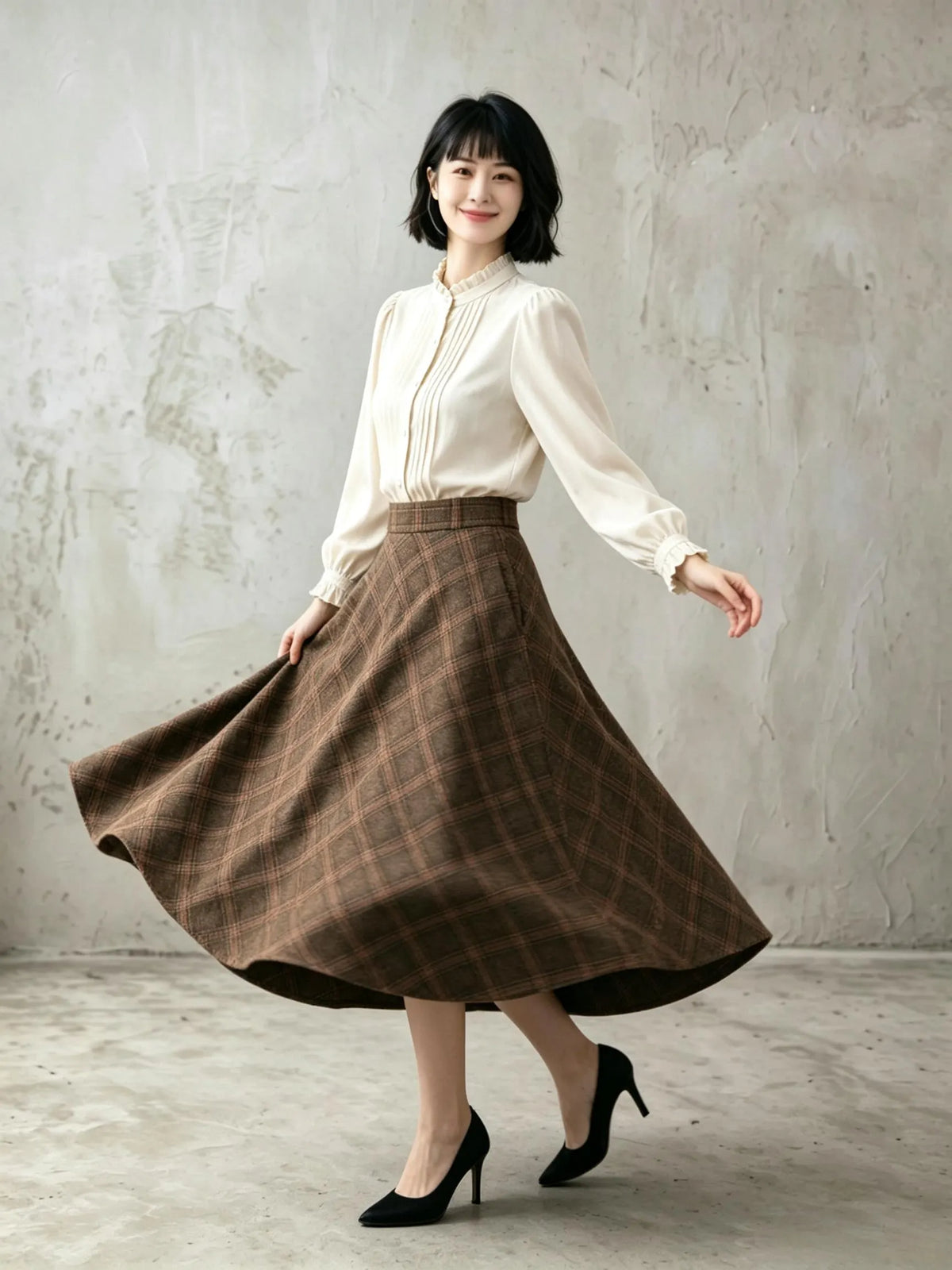 Brown Plaid Wool Blend A-Line Skirt - Vintage Ankle Length 6924