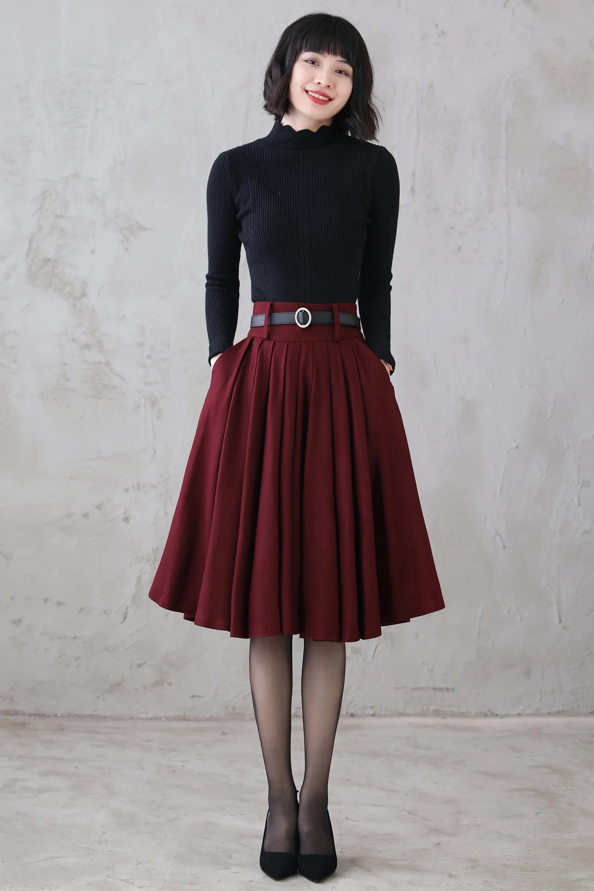 Burgundy Wool Midi Skirt – Vintage High Waist Pleated Circle Skirt 3110