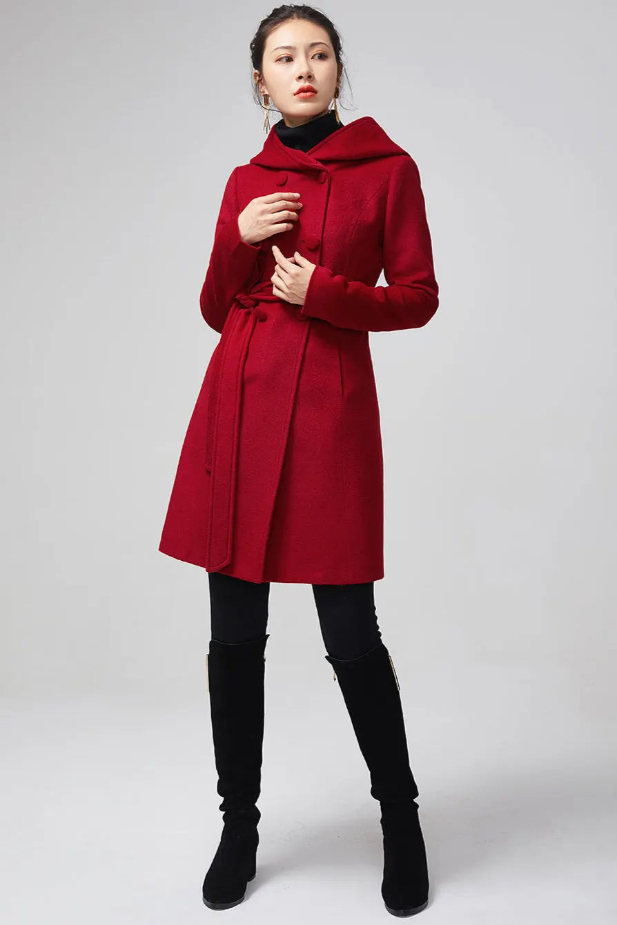 Red Wool Blend Hooded Coat – Handmade Double-Breasted Winter Elegance 2199