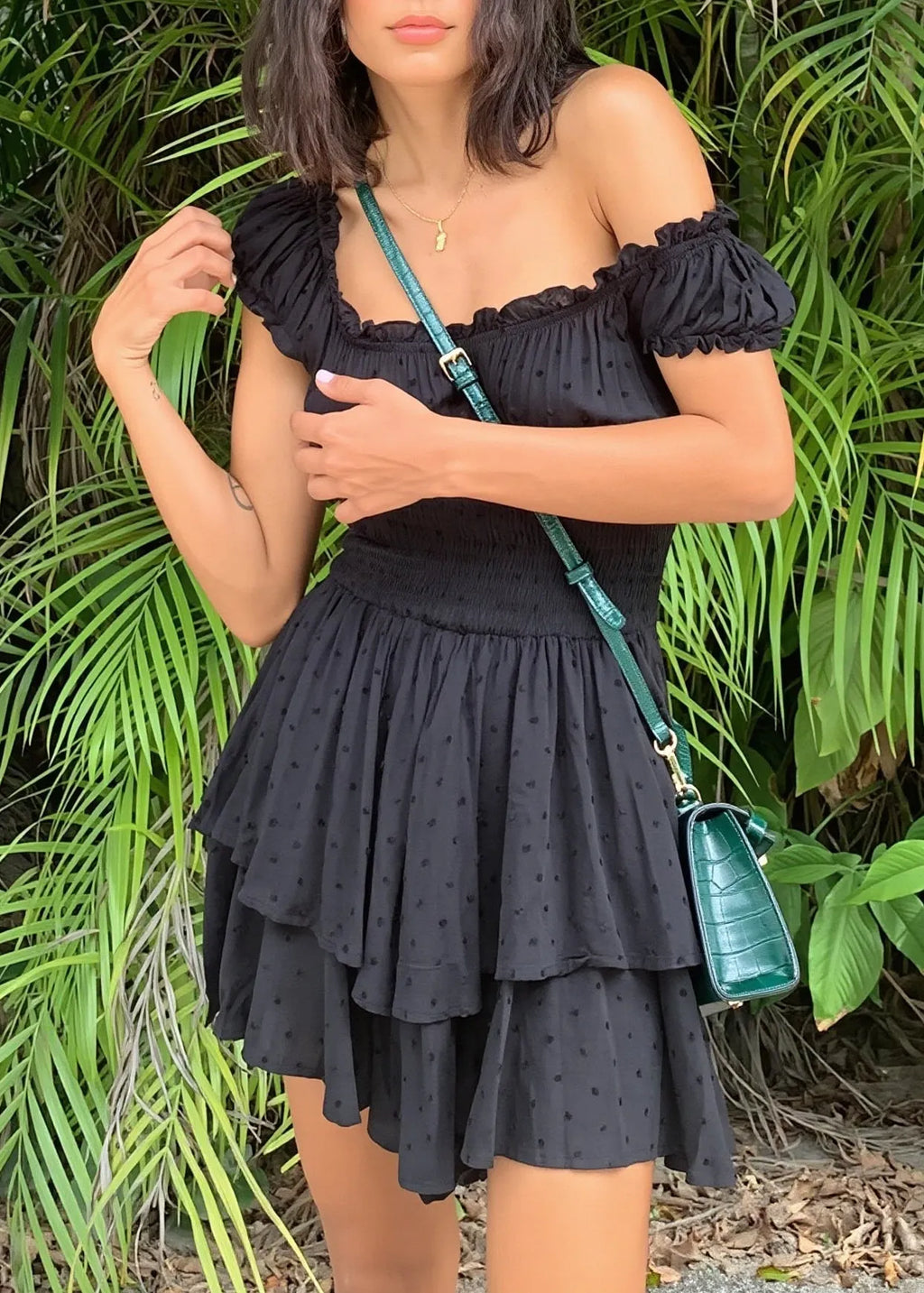 Embroidered Off Shoulder Wrap Mini Dress