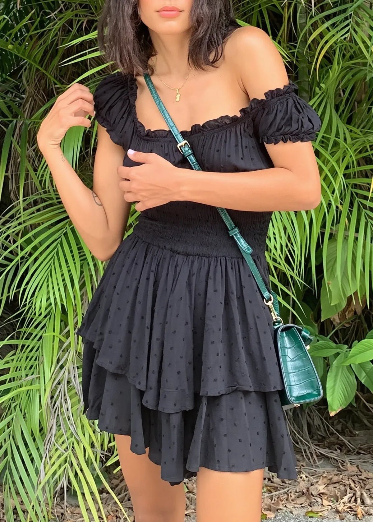 Embroidered Off Shoulder Wrap Mini Dress