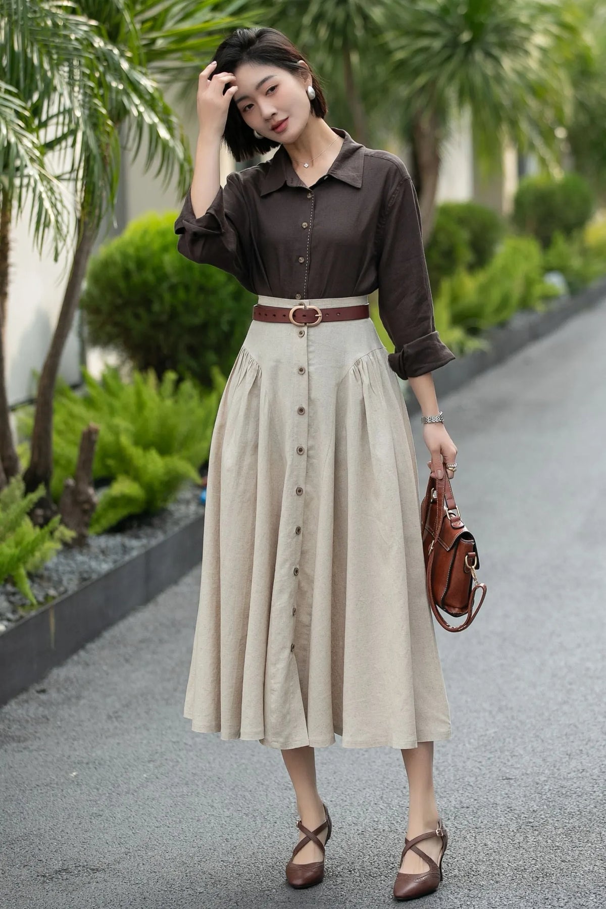 Beige Linen Midi Skirt – High Waist A-Line Button Front Skirt 6666 -Size xs #CK2600002