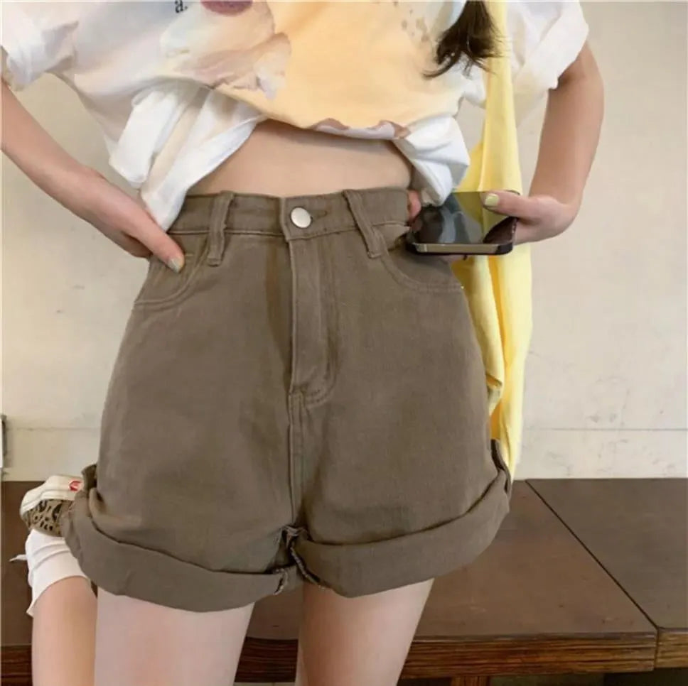 KittenAlarm - Vintage Solid Crimping Brown Shorts Jeans