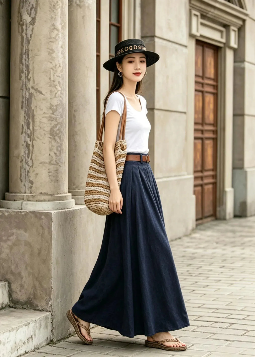Blue Cotton Linen Maxi Skirt - High Waist Pleated Swing with Pockets 2847