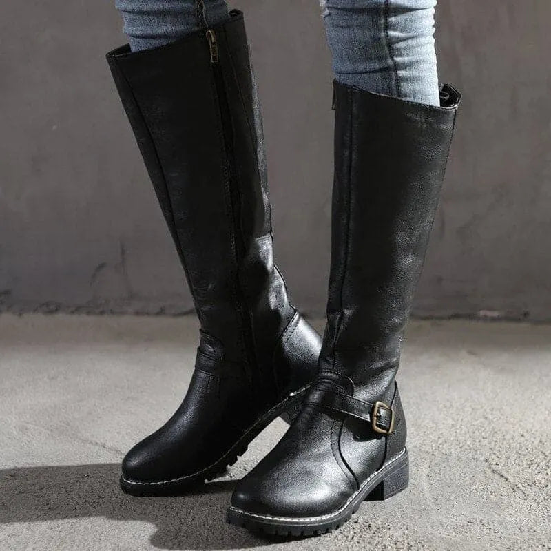 Women's Classic Buckle Knee-High Boots – Leather, Casual for Everyday Wear