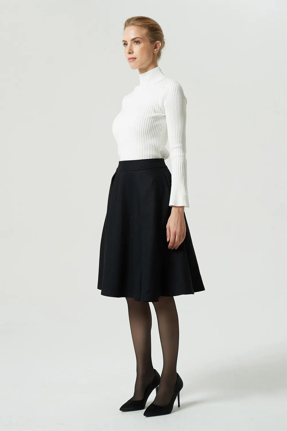 Black Wool Knee Length Skirt - Pleated A-Line Silhouette 6291