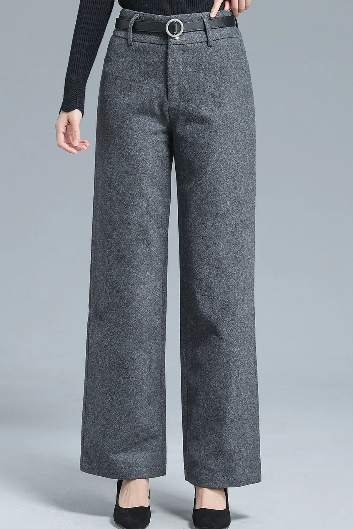 Gray Wool Blend Wide Leg Pants – Vintage High Waist Winter Trousers 3136