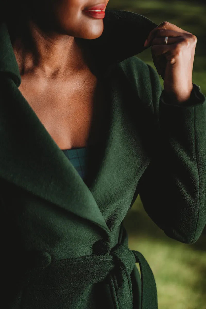 Handmade Green Wool Coat – Long Double-Breasted Winter Overcoat with Belt 