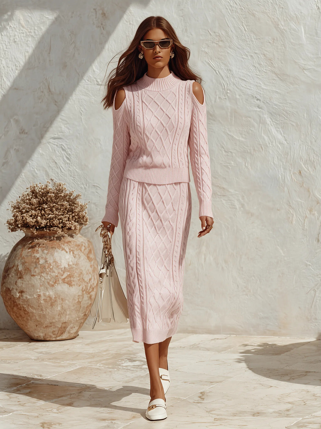 Resort-style Turtleneck Long-sleeved And Midi Skirt Knit Set