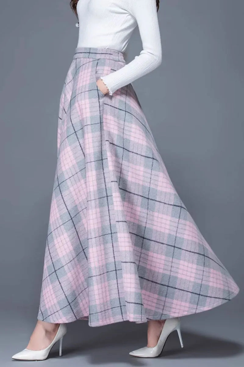 Plaid Wool Blend Maxi Skirt - A-Line Warm Winter Elegance 4649