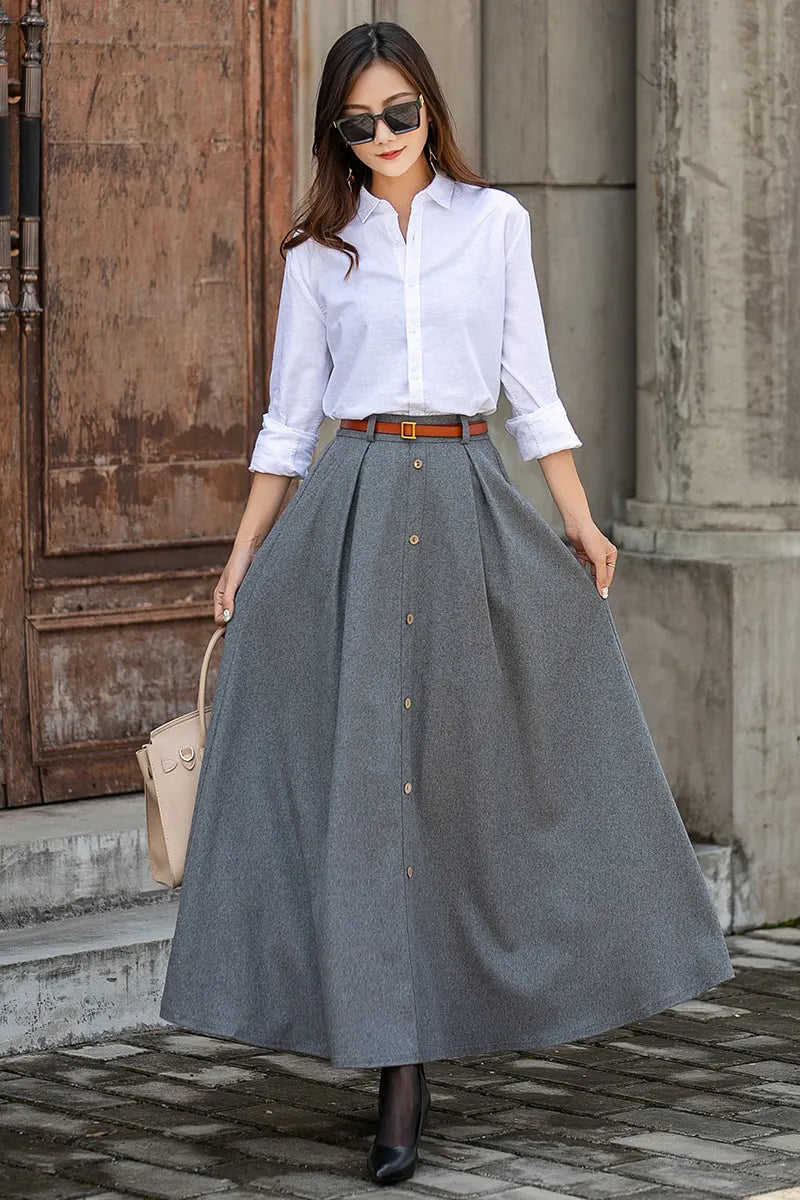 Grey Wool Maxi Skirt - 1950s Elastic Waist Full Silhouette 3855