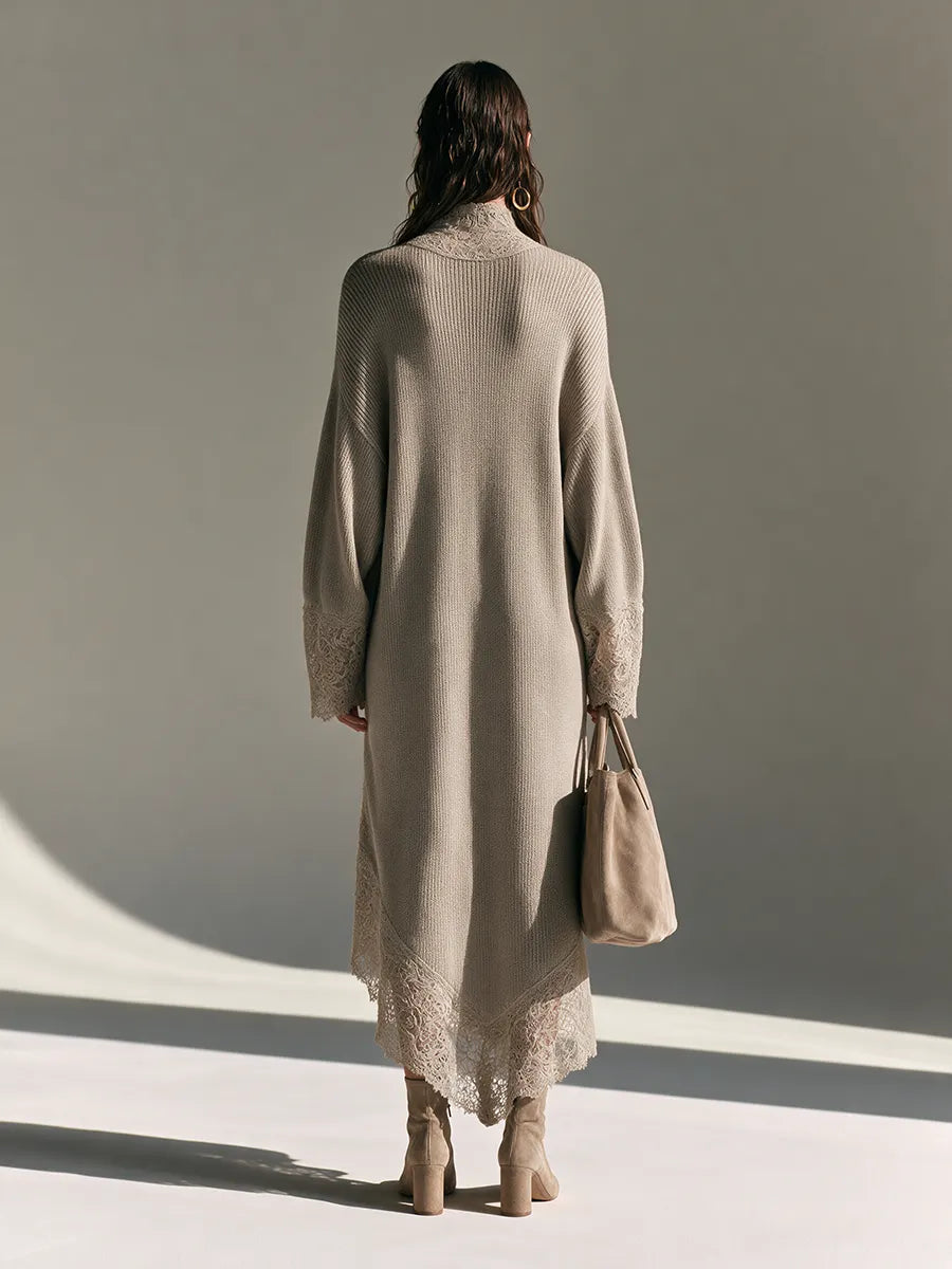 Women's High-Neck Lace-Panel Drop-Shoulder Long-Sleeve Asymmetric-Hem Wool-Knit Maxi Dress MDZ0242I4CMX