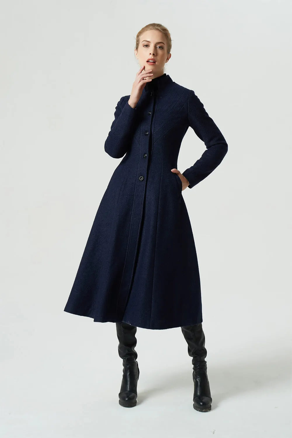 Vintage Wool Coat for Women – Handmade Navy A-Line Midi Winter Coat with Stand Collar 