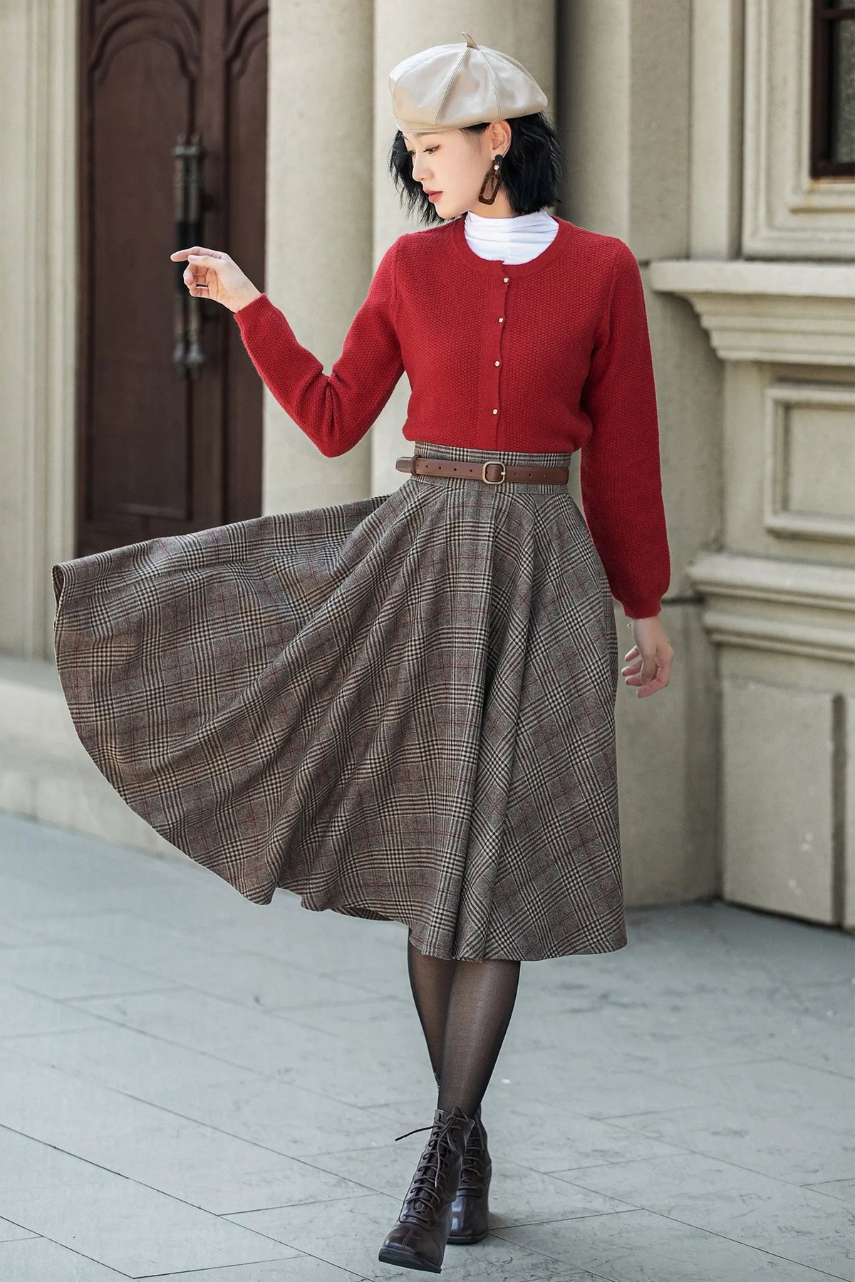 Plaid Wool Midi Skirt – Vintage High Waist Pleated Circle Skirt 5306