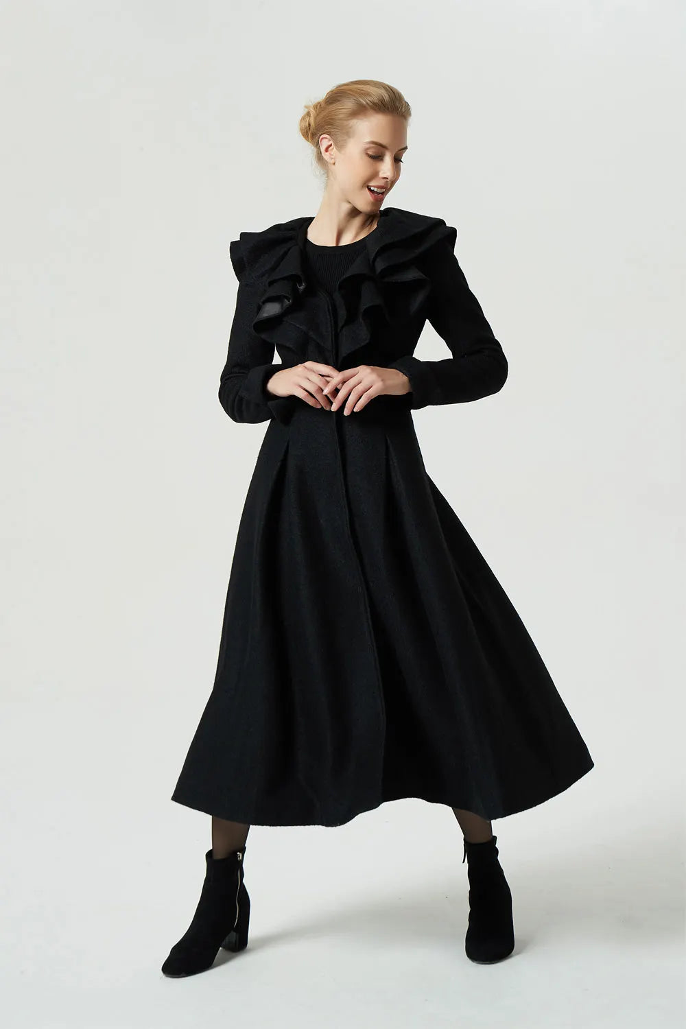 Black Wool Ruffle Coat – Handmade Feminine Fit and Flare Winter Maxi Coat 