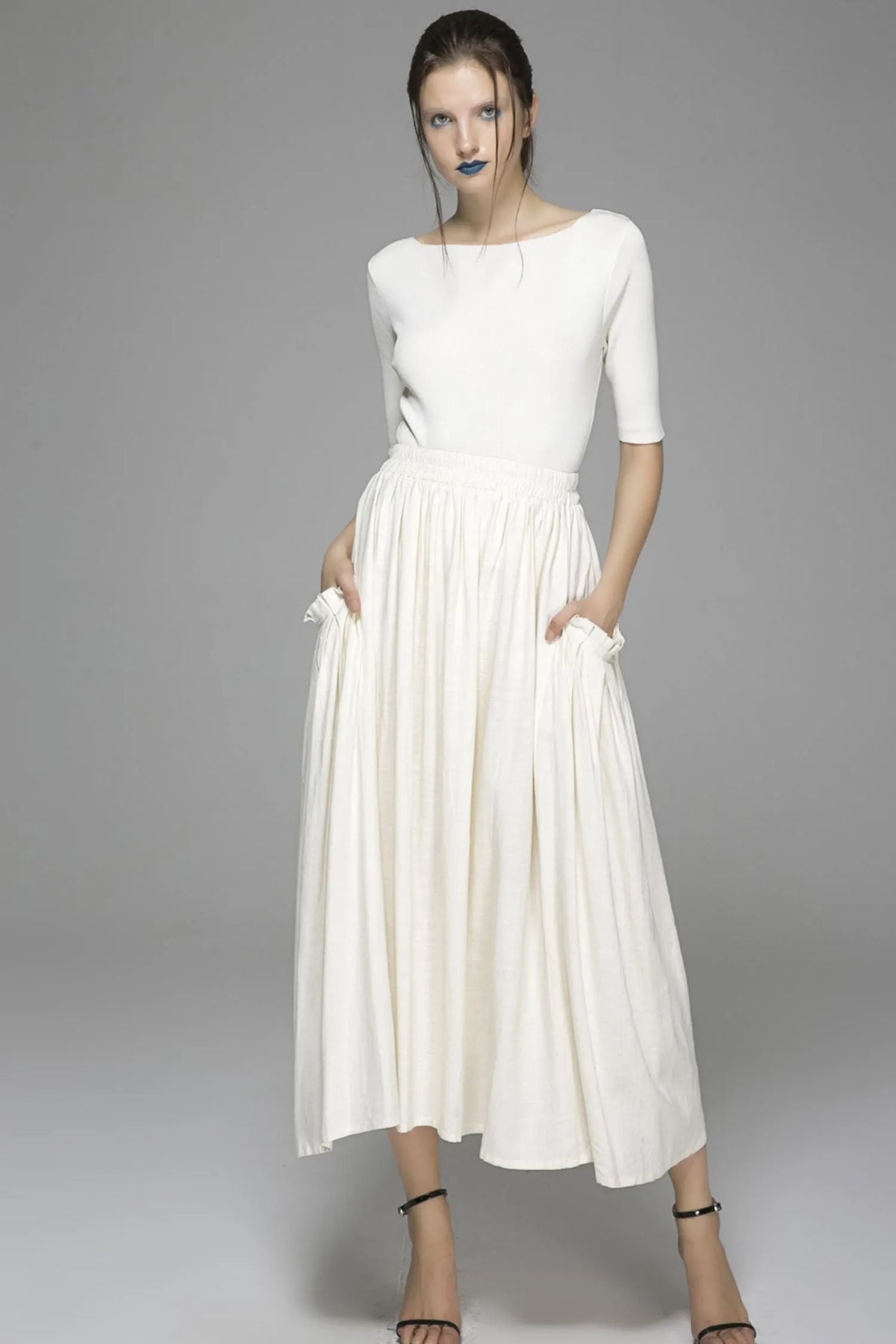 White Linen Cotton Maxi Skirt - Elastic Waist Big Pockets 