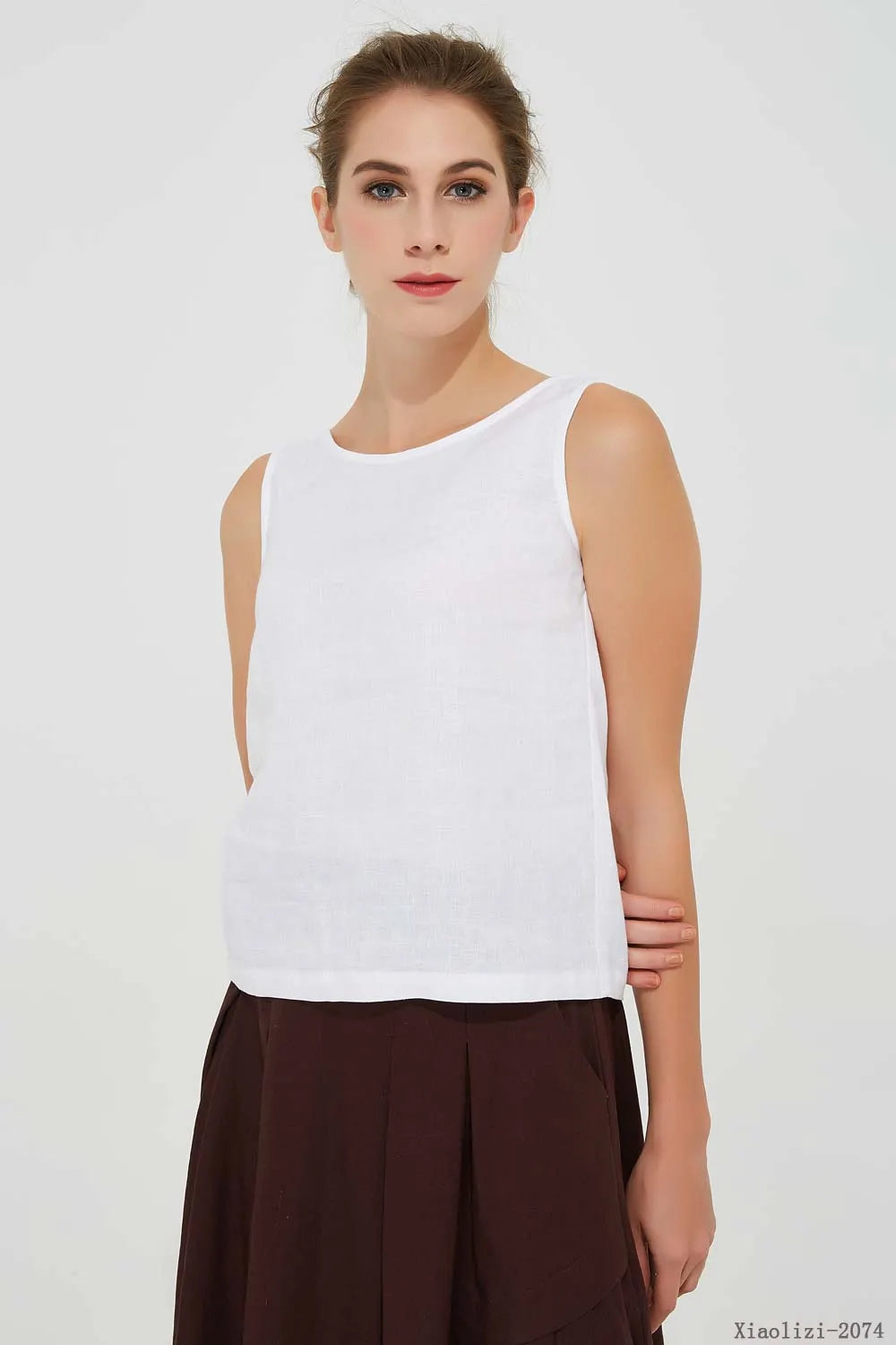 White Linen Sleeveless Tank Top - Soft Round Neck Summer Blouse 2074