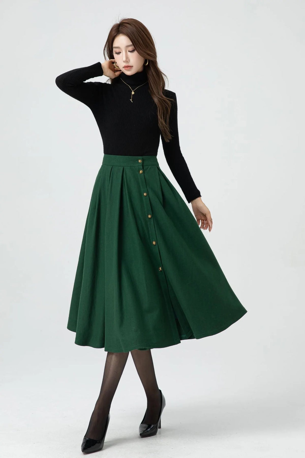 Green Wool Midi Skirt - Button Front Pleated Circle Skirt 5322
