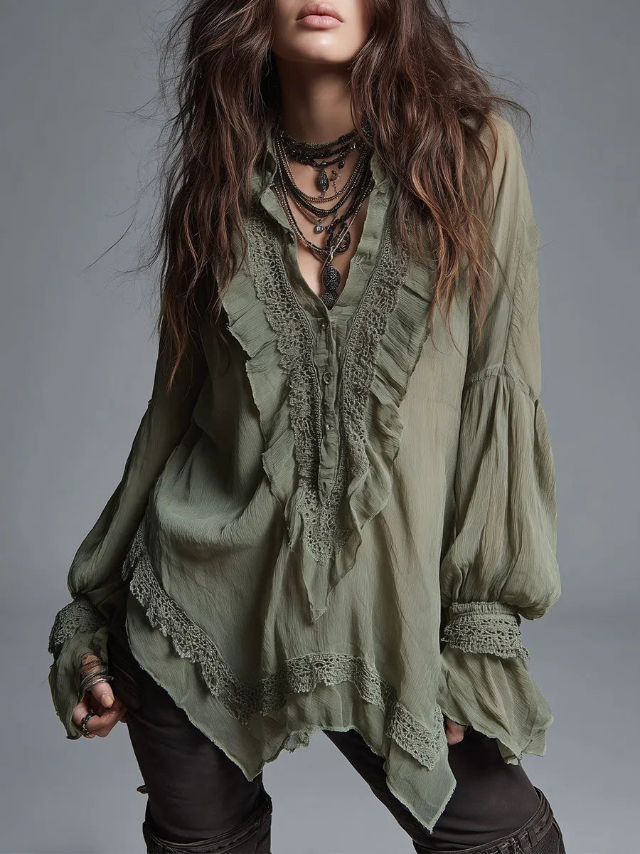 Bohemian-style Chiffon Blouse With Lace Trim