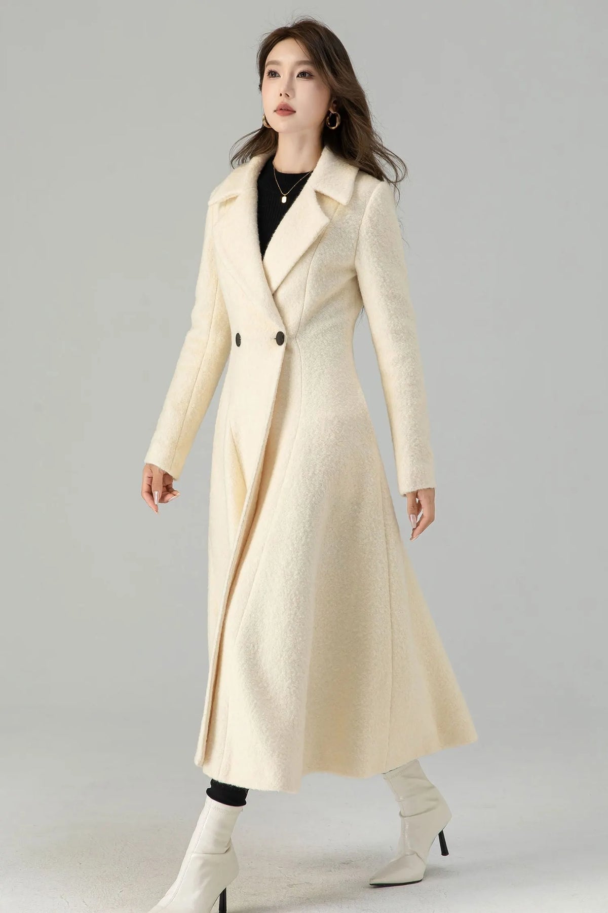 Off White Wool Maxi Coat - Fit and Flare Double Breasted 4559
