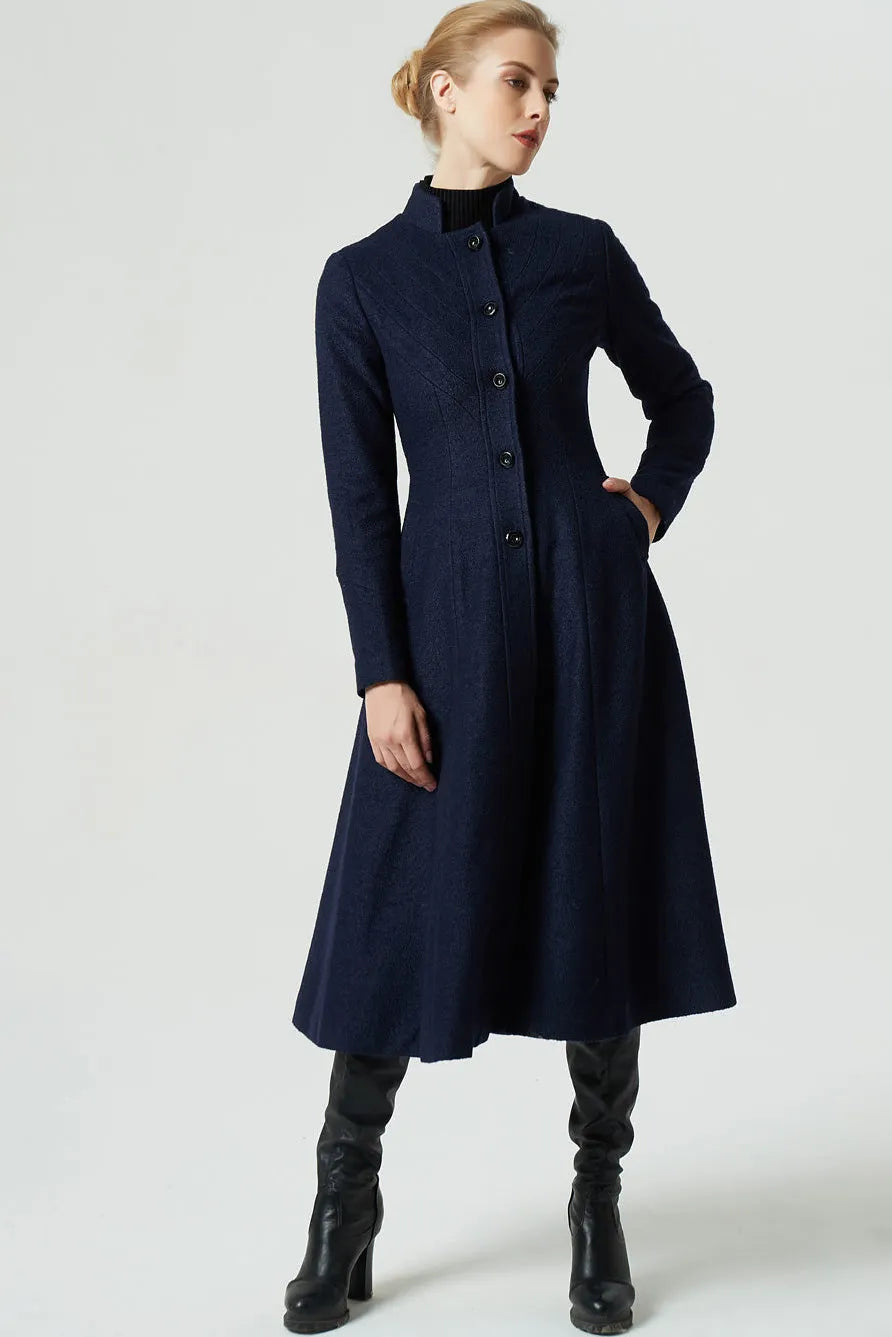 Vintage Wool Coat for Women – Handmade Navy A-Line Midi Winter Coat with Stand Collar 