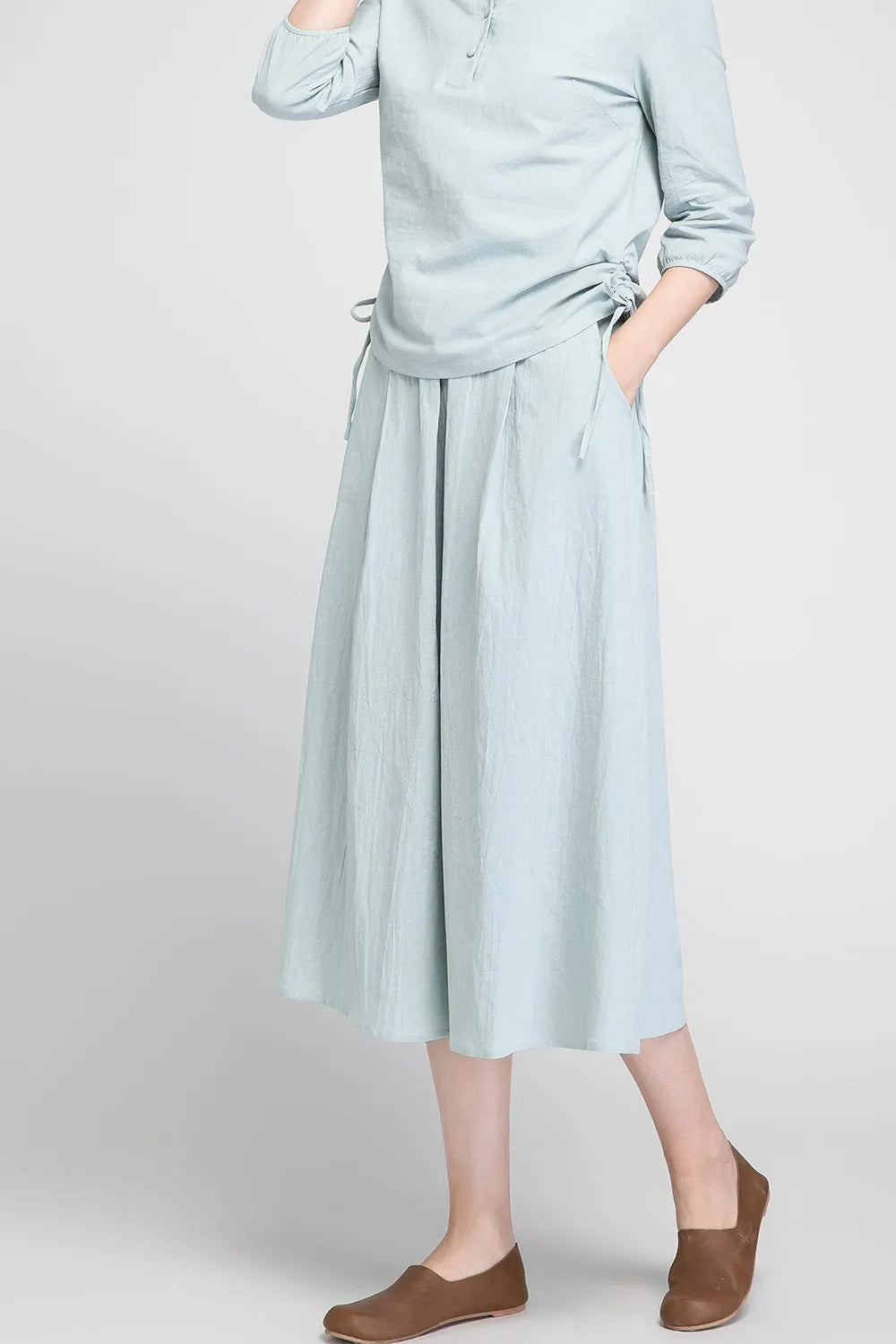 Mint Green Linen Midi Skirt - Elastic Waist with Seam Pockets 1898