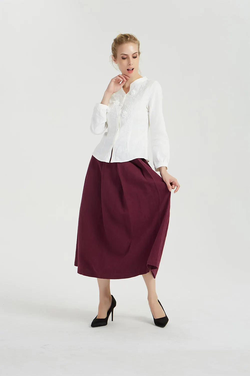 Burgundy Linen Midi Skirt - Pleated Paperbag Waist 2038
