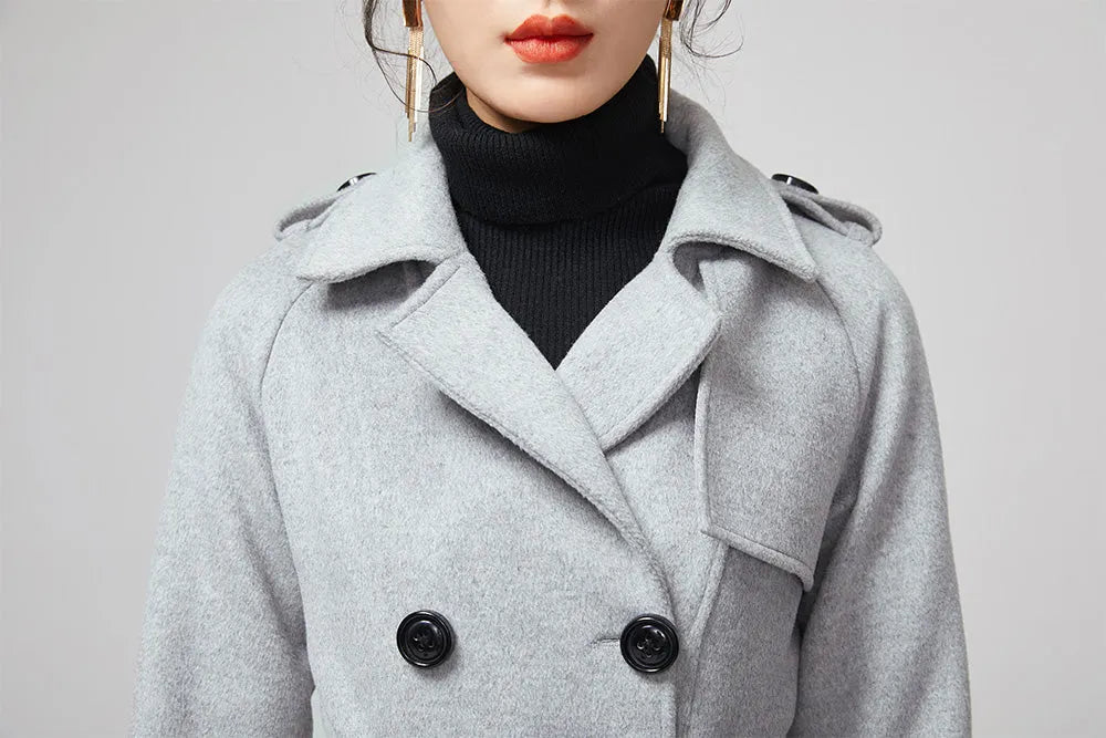 Handmade Gray Wool Trench Coat – Double Breasted Long Winter Overcoat 